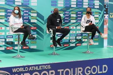 Esther Guerrero, Grant Holloway and Maria Vicente ahead of the World Athletics Indoor Tour Gold meeting in Madrid (RFEA)