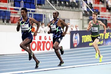Eventual winner Selemon Barega leads the 1500m at the World Athletics Indoor Tour Gold meeting in Torun (Jean-Pierre Durand)