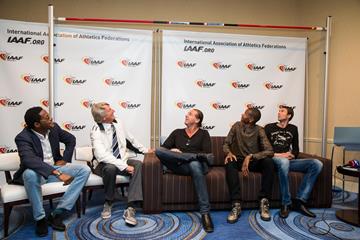 Javier Sotomayor, Dick Fosbury, Patrik Sjoberg, Mutaz Essa Barshim and Bogdan Bondarenko speak to the press in Monaco (Philippe Fitte / IAAF)