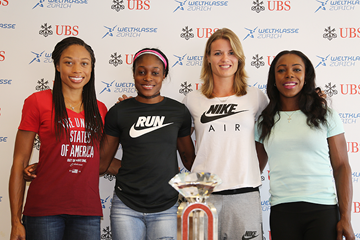 Allyson Felix, Elaine Thompson, Dafne Schippers and Veronica Campbell-Brown at the press conference for the IAAF Diamond League meeting in Zurich (Jean-Pierre Durand)
