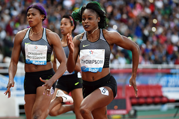 Elaine Thompson en route to victory at the IAAF Diamond League meeting in Rabat (Kirby Lee)