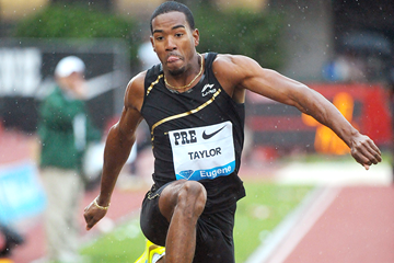 Christian Taylor in the triple jump at the IAAF Diamond League meeting in Eugene (Kirby Lee)