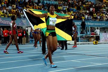 Simone Facey celebrates Jamaica's victory in the 4x100m at the IAAF/BTC World Relays, Bahamas 2015 (Getty Images)