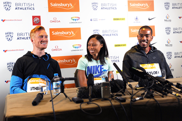 Greg Rutherford, Allyson Felix and Christian Taylor at the press conference for the IAAF Diamond League meeting in Birmingham (Jean-Pierre Durand)