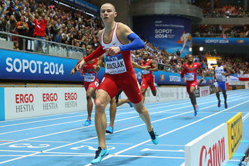 Pavel Maslak wins the 400m at the 2014 IAAF World Indoor Championships in Sopot (Getty Images)