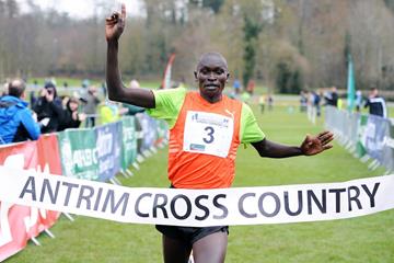 Thomas Ayeko winning at the 2015 IAAF Antrim Cross Country International (Mark Shearman)