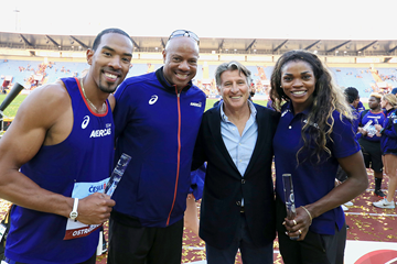 Americas team representatives Christian Taylor and Caterine Ibarguen with team captain Mike Powell and IAAF President Sebastian Coe at the IAAF Continental Cup Ostrava 2018 (Getty Images)