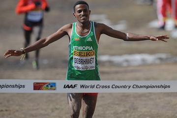 Hagos Gebrhiwet (ETH) wins the junior men's race at the 2013 IAAF World Cross Country Championships, Bydgoszcz, Poland (Getty Images)