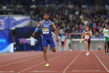 USA's Remontay McLain in the men's 4x200m at the IAAF World Relays Yokohama 2019 (Roger Sedres)