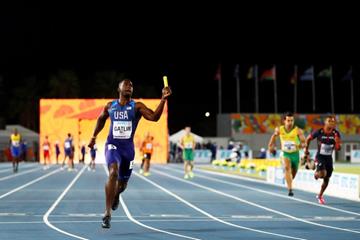 Justin Gatlin celebrates after anchoring the US men's 4x100m team to victory at the IAAF/BTC World Relays Bahamas 2017 (Getty Images)