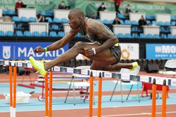 Grant Holloway in action in the 60m hurdles at the World Athletics Indoor Tour Gold meeting in Madrid (Jean-Pierre Durand)