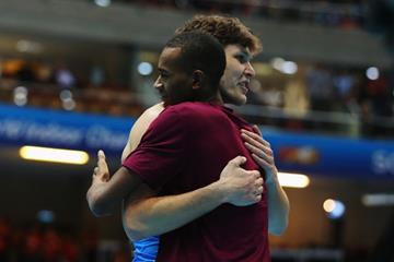 Ivan Ukhov congratulates high jump winner Mutaz Essa Barshim at the 2014 IAAF World Indoor Championships in Sopot (Getty Images)