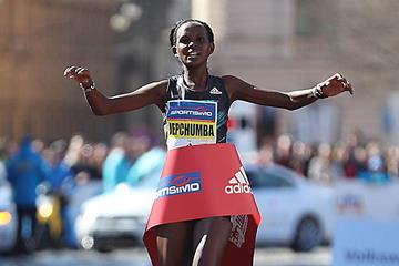 Violah Jepchumba crosses the line to win the Prague Half Marathon (Giancarlo Colombo / organisers)