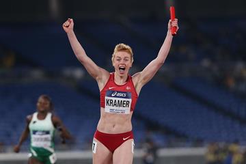 Mathilde Kramer of Denmark in the women's 4x100m at the IAAF World Relays Yokohama 2019 (Roger Sedres)