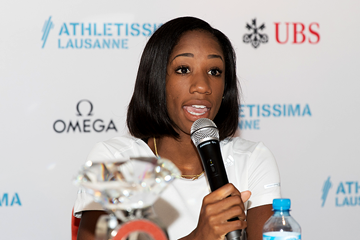 Kendra Harrison at the press conference for the IAAF Diamond League meeting in Lausanne (Daniel Mitchell)