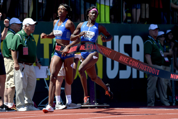 Torie Bowie wins the 200m at the IAAF Diamond League meeting in Eugene (Kirby Lee)