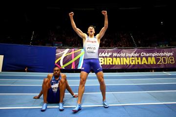 Andrew Pozzi celebrates his 60m hurdles win at the IAAF World Indoor Championships Birmingham 2018 (Getty Images)