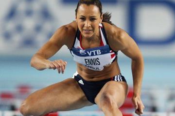 Jessica Ennis competes in the pentathlon 60m hurdles at the 2012 IAAF World Indoor Championships (Getty Images)