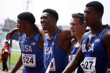 The US quartet of Brian Herron, Josephus Lyles, Zachary Shinnick and Sean Hooper after their 4x400m world U20 record at the Pan-American Junior Championships in Trujillo, Peru (Talia Vargas/organisers)