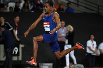 Christian Taylor in the triple jump at the IAAF Diamond League meeting in London (Kirby Lee)