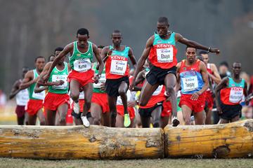 Joseph Ebuya on one of two jumps along the Bydgoszcz cross country course (Getty Images)