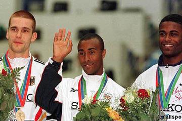 Men's 60m hurdles podium (© Allsport)