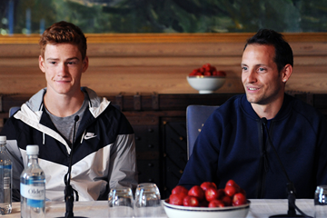 Shawn Barber and Renaud Lavillenie at the press conference for the IAAF Diamond League meeting in Oslo (Mark Shearman)