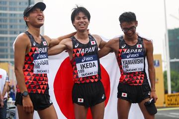 Japan's victorious 20km race walk team at the IAAF World Race Walking Team Championships Taicang 2018 (Getty Images)
