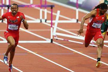 Aries Merritt of the United States crosses the finish line ahead of Jason Richardson of the United States to win gold in the Men's 110m Hurdles Final of the London Olympic Games on August 8, 2012 (Getty Images)