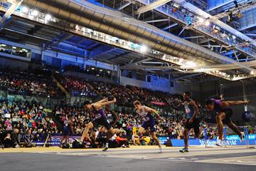 Action from the 60m hurdles at the World Indoor Tour meeting in Glasgow (Getty Images)