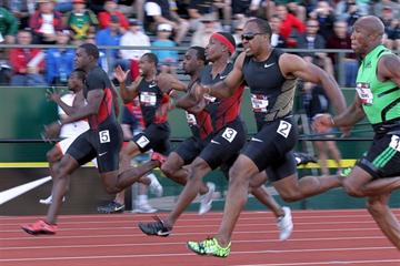Walter Dix (lane 2) takes the US 100m title ahead of Justin Gatlin (5) and Michael Rodgers (3) (Getty Images)