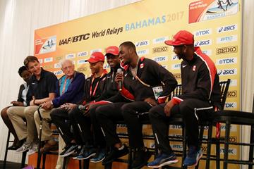 Members of the Canadian 4x100m relay squad join BAAA President and LOC CEO Rosamunde Carey, IAAF CEO Olivier Gers and LOC Chairman Keith Parker at the press conference ahead of the IAAF/BTC World Relays Bahamas 2017 (Getty Images)