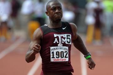 Gerald Phiri en route to a 10.06 victory at the Texas Relays, a Zambian record (Kirby Lee)
