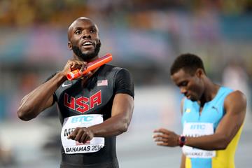LaShawn Merritt (L) of the United States reacts after winning the Men's 4x400 metres relay final ahead of Michael Mathieu (R) of Bahamas  (Getty Images)