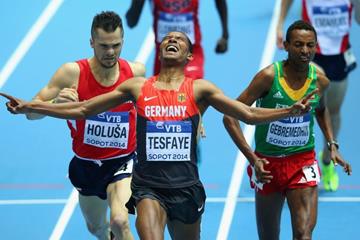 Homiyu Tesfaye wins his 1500m heat at the 2014 IAAF World Indoor Championships in Sopot (Getty Images)