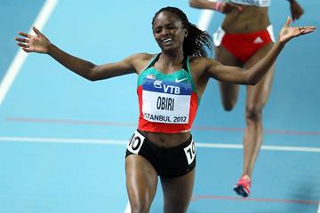 Hellen Obiri of Kenya celebrates as she wins gold in the women’s 3000m in Istanbul (Getty Images)