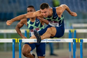 Andrew Pozzi on his way to winning the 110m hurdles at the Wanda Diamond League meeting in Rome (Chris Cooper)
