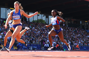 Dafne Schippers and Dina Asher-Smith in action at the IAAF Diamond League meeting in Birmingham (Getty Images)