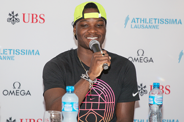 Omar McLeod at the press conference for the IAAF Diamond League meeting in Lausanne (Daniel Mitchell)