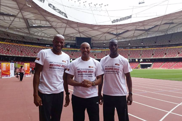 Mike Powell, Colin Jackson and Michael Johnson at the National Stadium in Beijing (IAAF)