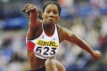 Ashia Hansen in action in the triple jump at the 2003 World Indoor Championships in Birmingham (Getty Images)