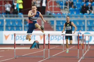 Karsten Warholm on his way to winning the 400m hurdles in Ostrava (AFP / Getty Images)