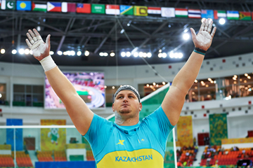 Ivan Ivanov celebrates his shot put gold at the Asian Indoor Games in Ashgabat (Organisers)