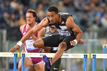 Orlando Ortega winning the 110m hurdles at the 2016 IAAF Diamond League meeting in Rome  (Gladys Chai)