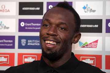 Usain Bolt at the press conference for the IAAF Diamond League meeting in London (Kirby Lee)