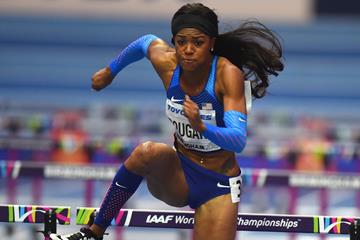 Erica Bougard in the pentathlon 60m hurdles in Birmingham (Getty Images)