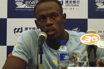 Usain Bolt at the pre-meet press conference in Shanghai (Bob Ramsak)