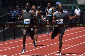 Kirani James wins the 400m at the IAAF Diamond League meeting in Eugene (Kirby Lee)