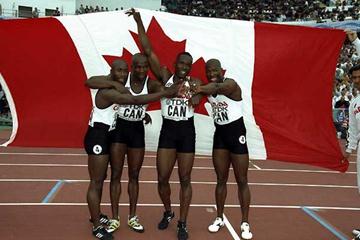 Canada's winning 1995 World Champs squad celebrate - Robert Esmie (left), Donovan Bailey (second left), Bruny Surin (second right) and Glenroy Gilbert (right), (Getty Images)