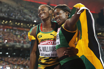 Shermaine and Danielle Williams after the 100m hurdles final at the IAAF World Championships, Beijing 2015 (AFP / Getty Images)